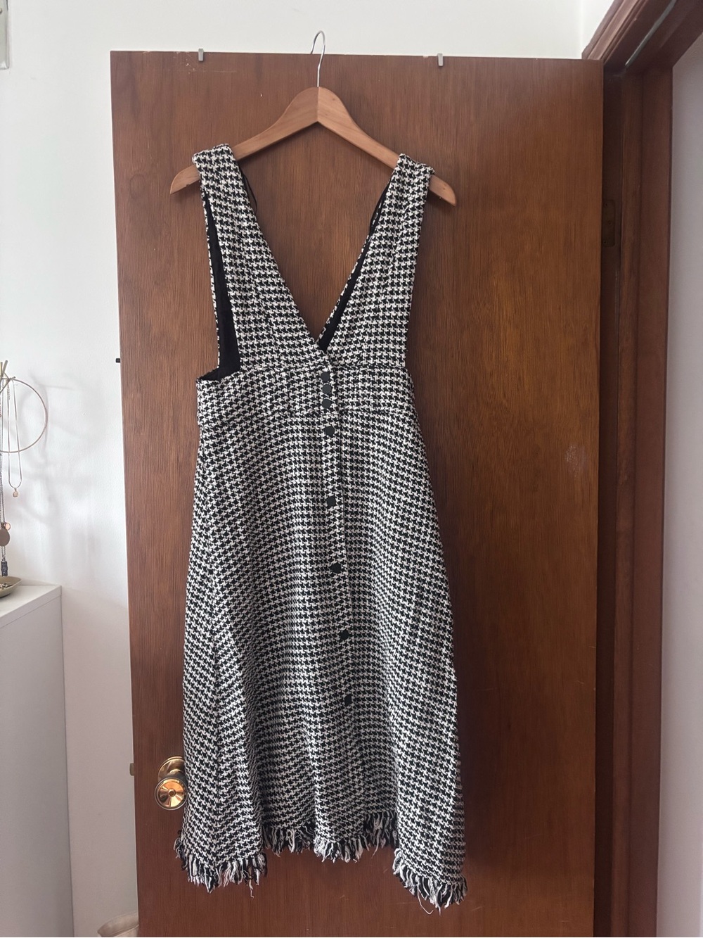 Zara Black and White Houndstooth Backless V-Neck Pinafore Dress